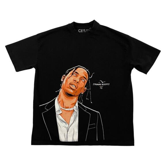 Travis Scott Graphic T Shirt Size Large Black Designed by Cesar 2023 Heavyweight - Picture 1 of 12